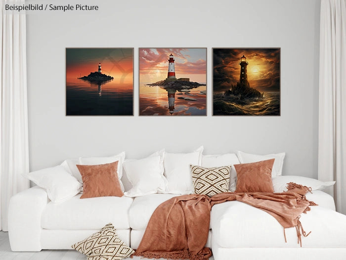 Living room with three lighthouse paintings above a white sofa with brown cushions and throw blanket.