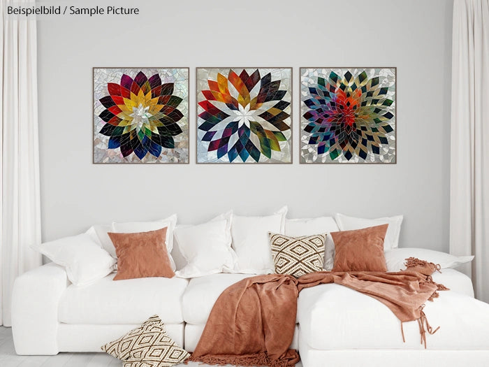 Modern living room with white sofa, brown pillows, and three colorful geometric flower artworks on the wall.