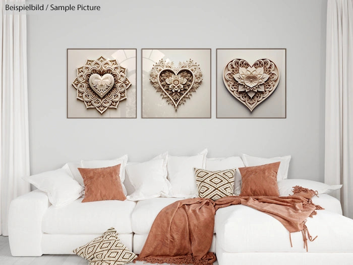 Cozy living room with white sofa, rust-colored cushions, and three heart-themed wall art pieces above.