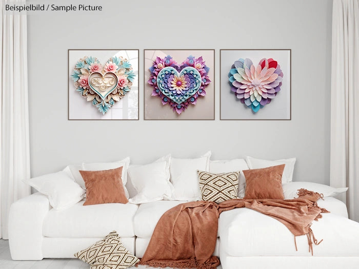 Living room with white sofa, brown cushions, and three heart-themed artworks on the wall.