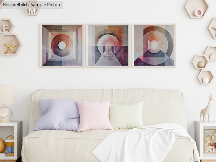 Modern living room with abstract geometric paintings and hexagonal shelves on white walls.