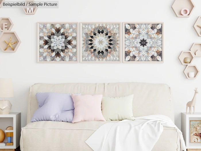 Living room with abstract mandala art on wall, neutral-toned sofa, pastel pillows, and decorative shelves.