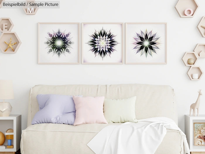 Modern living room with three abstract flower artworks above a beige couch and pastel cushions.