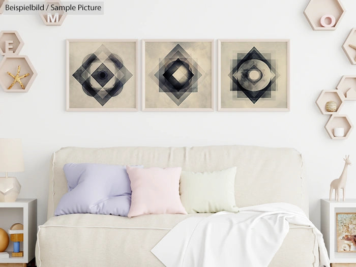 Modern living room with geometric art, pastel pillows, and decorative wall shelves.