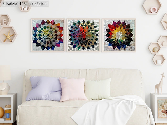 Living room with beige sofa and three colorful mandala artworks on the wall, accented with pastel cushions and decor.