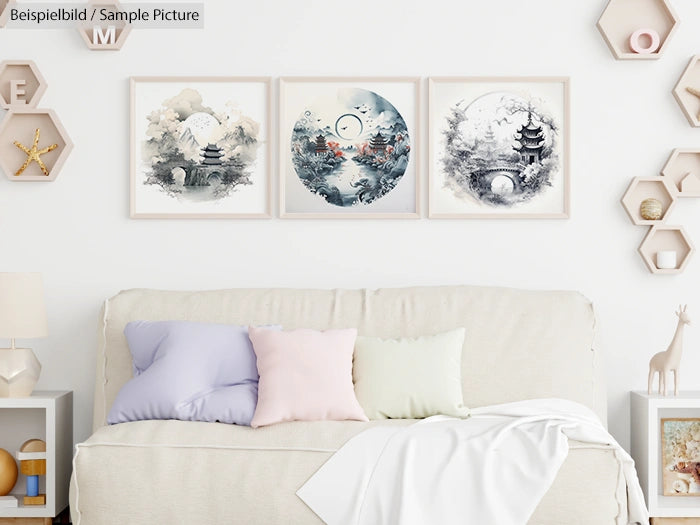 Modern living room with beige sofa, pastel cushions, and three framed Asian-themed watercolor paintings on the wall.