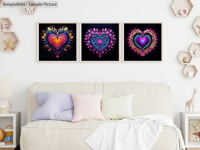 Living room with sofa, pastel pillows, and three colorful heart art pieces on the wall.