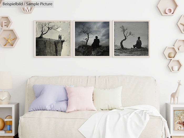 Cozy living room with white sofa adorned with pastel pillows, wall art featuring nature scenes, and hexagonal shelves.