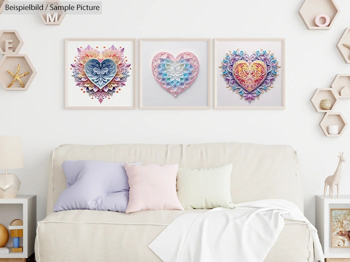 Living room with white sofa, pastel pillows, and three framed heart artworks on the wall.