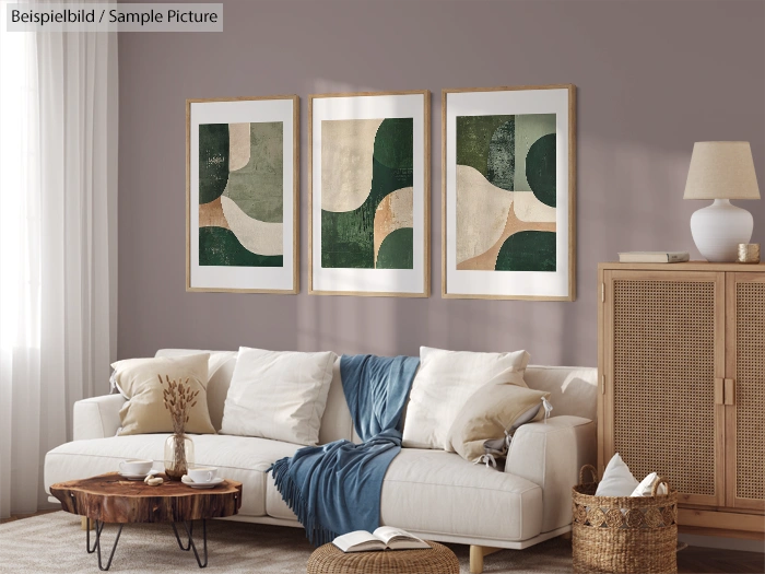 Modern living room with abstract green and beige art, white sofa, wicker cabinet, and wooden lamp.