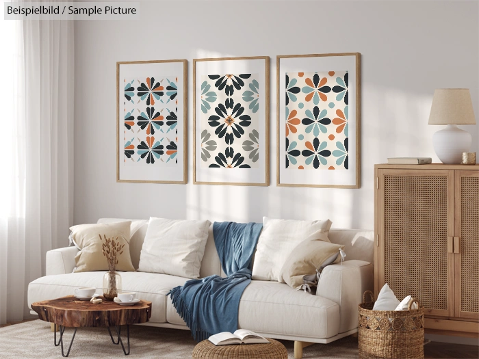 Cozy living room with beige sofa, three colorful abstract paintings, wooden cabinet, and soft lighting.