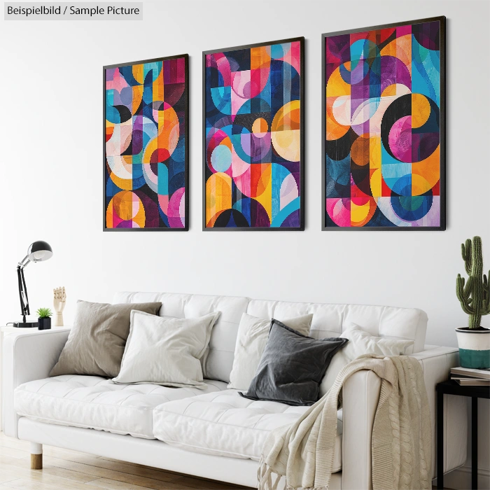 Contemporary living room with white sofa, patterned pillows, and abstract geometric art on the wall above.