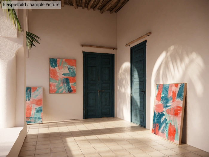 Bright hallway with abstract art on walls, featuring blue and orange brush strokes. Wooden ceiling beams and shadows visible.