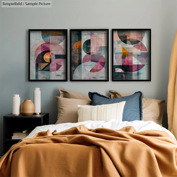 Cozy bedroom with modern geometric abstract artwork above bed, decorated with pillows and brown throw blanket.