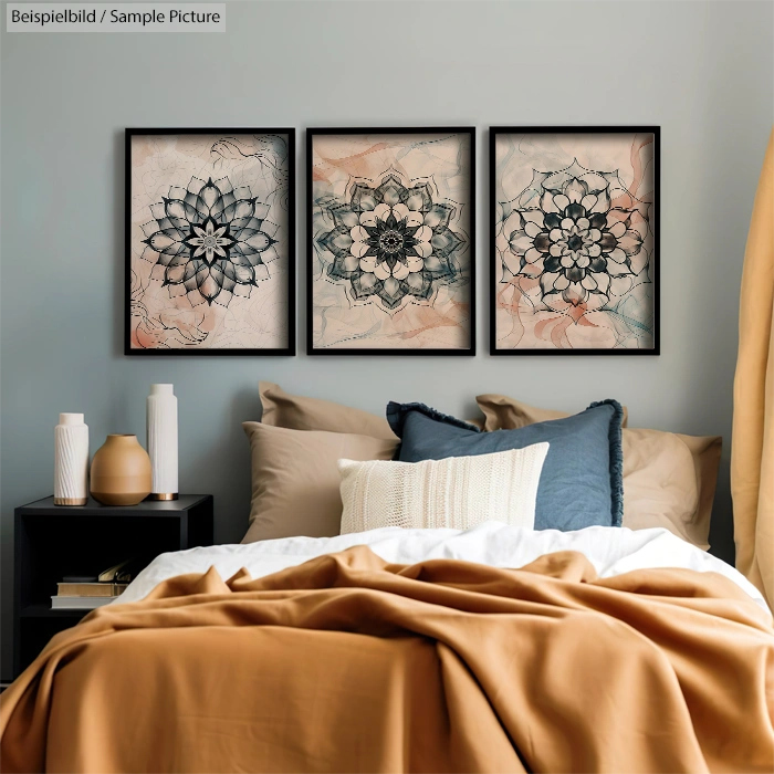 Cozy bedroom with a bed, brown duvet, pillows, and three framed mandala artworks on a gray wall above the bed.