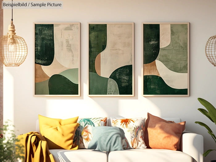 Modern living room with abstract green and beige triptych art above a white sofa with colorful cushions. Sunlight streams in.