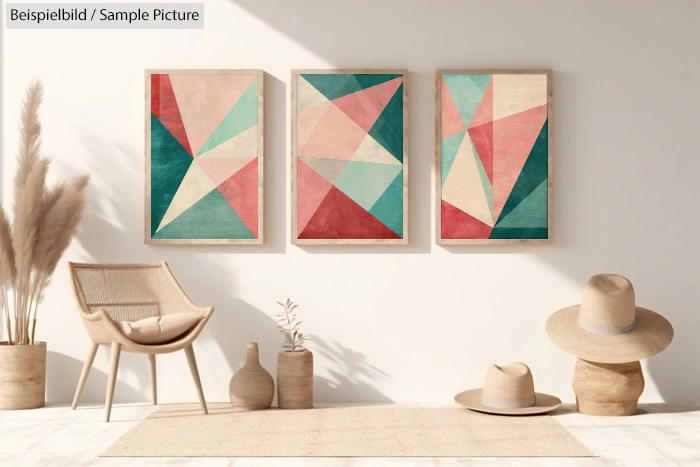 Scandinavian interior with geometric artwork, straw chair, pampas grass, and sun hats on beige background.