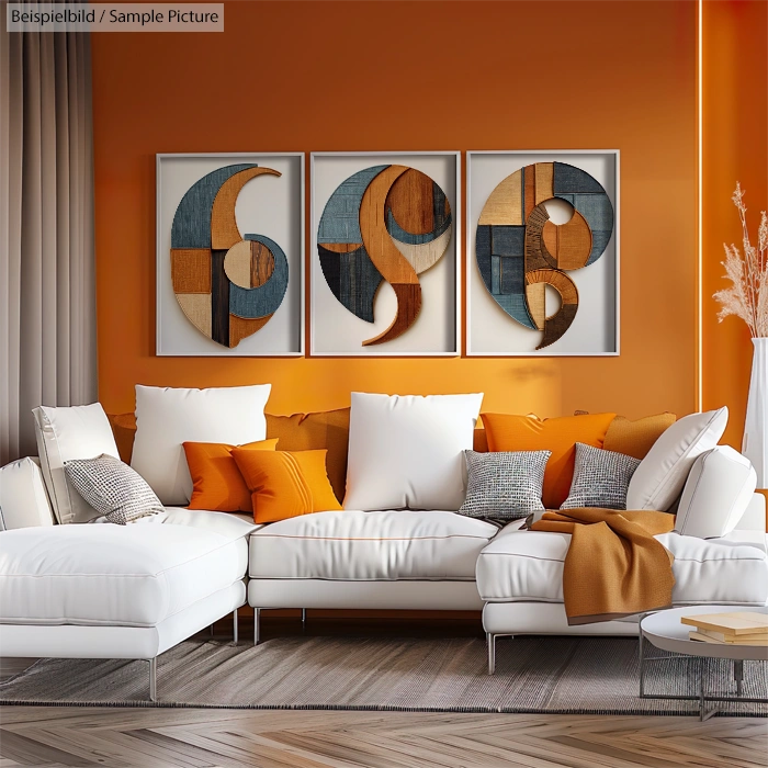 Modern living room with orange walls, white sectional sofa, colorful abstract art, and wooden floor.