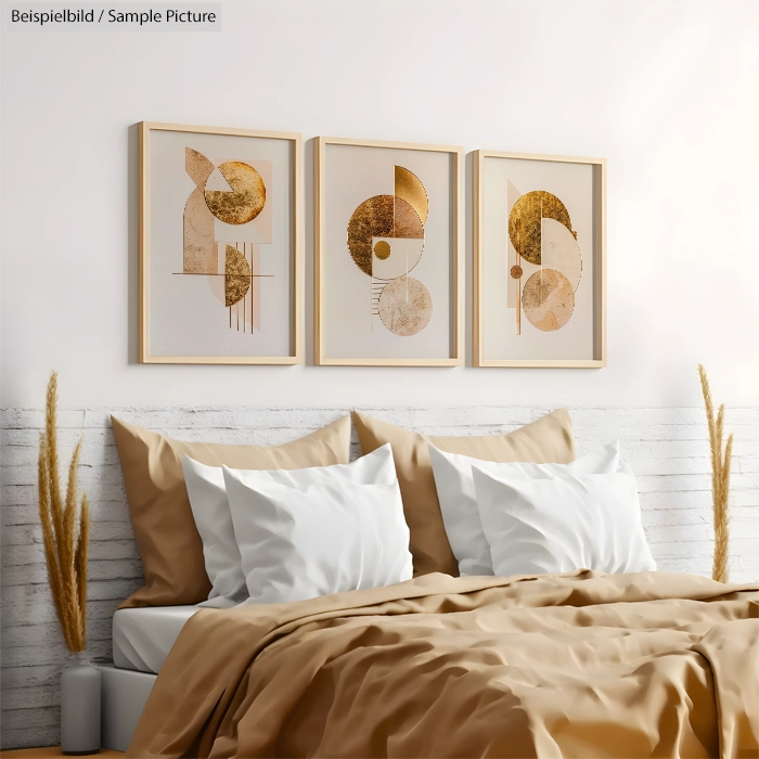 Modern bedroom with beige bedding and abstract art prints in warm tones on a white brick wall.