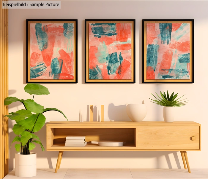 Modern living room with abstract art, wooden sideboard, and potted plants, capturing a minimalist, cozy ambiance.