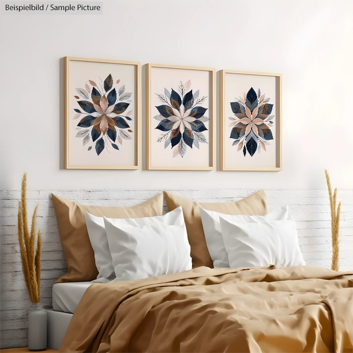 Bedroom with beige and white bedding, featuring three framed floral wall art pieces above the bed.