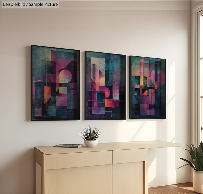 Contemporary abstract paintings with geometric shapes in vibrant colors on a white wall, above a light wood console.