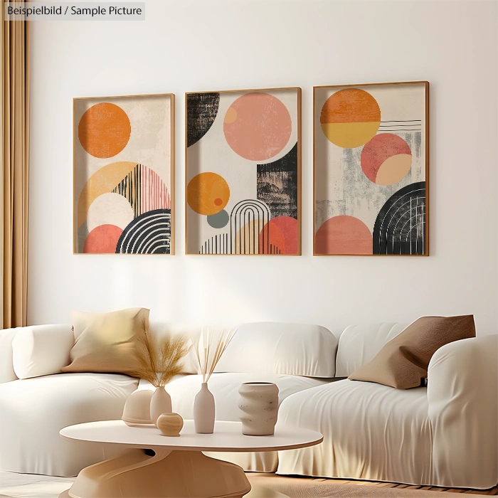 Modern living room with white sofa, round table, and triptych abstract art featuring geometric shapes and warm tones.