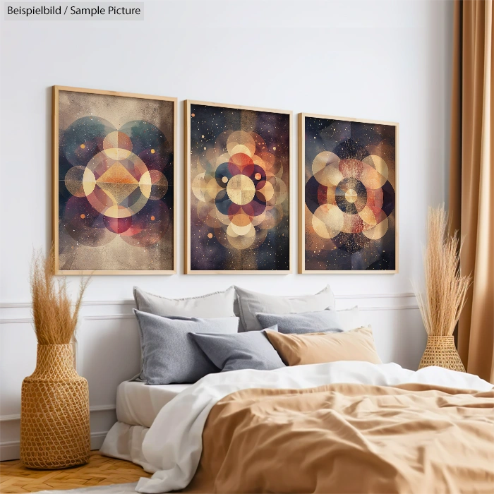 Bedroom with abstract geometric art above bed, neutral bedding, wicker vases, and beige curtains, creating a cozy ambiance.