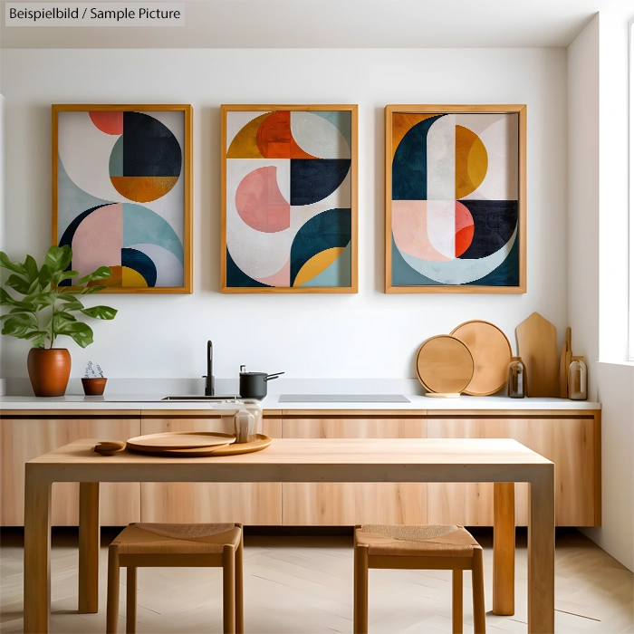 Modern kitchen with wooden furniture, abstract art on white walls, and decorative kitchenware on the counter.