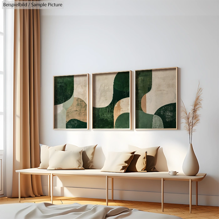 Modern living room with abstract green and beige triptych artwork, beige curtains, white cushions, and decorative vase.