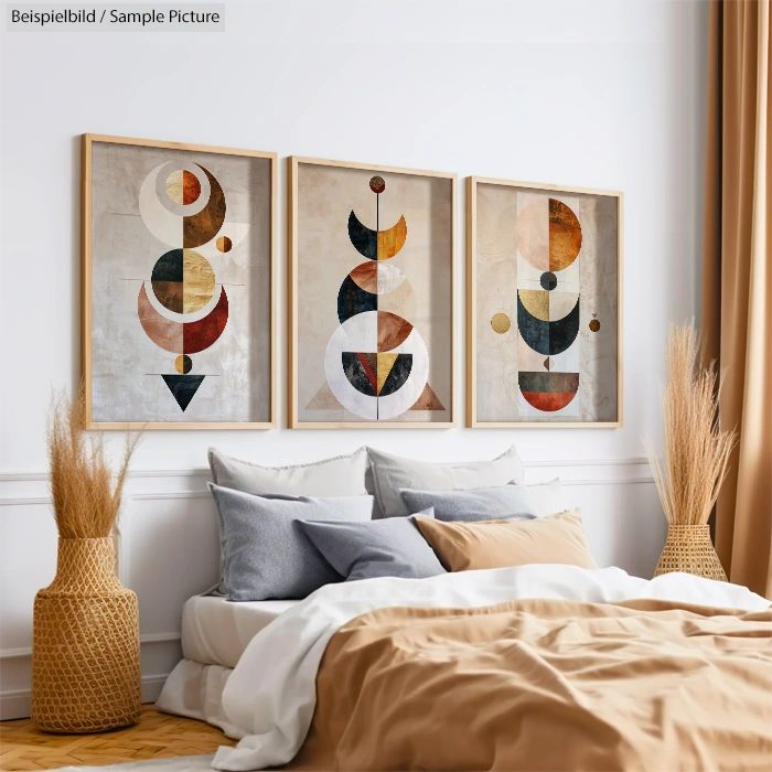 Stylish bedroom with abstract geometric art, neutral bedding, and woven vases on either side of the bed.