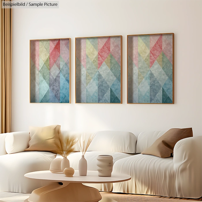 Modern living room with geometric art triptych above sofa, neutral tones, decorative pillows, and minimalist coffee table.