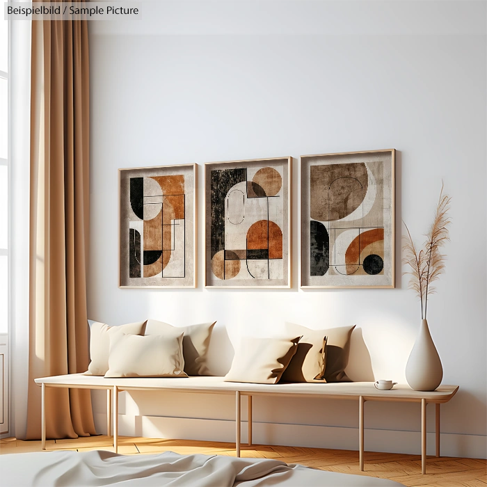 Contemporary living room with three abstract art pieces above a bench and neutral decor.