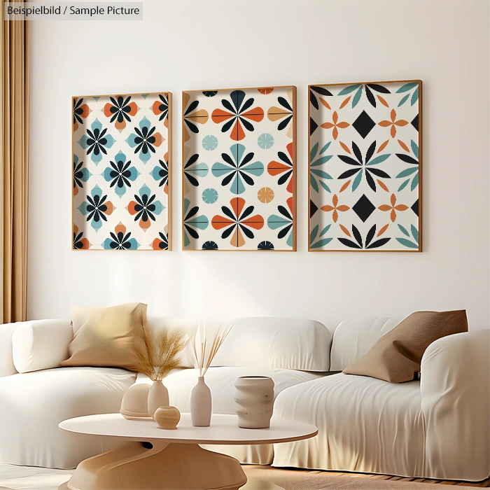 Modern living room with abstract art in wood frames, white sofa, and decorative vases on a coffee table.