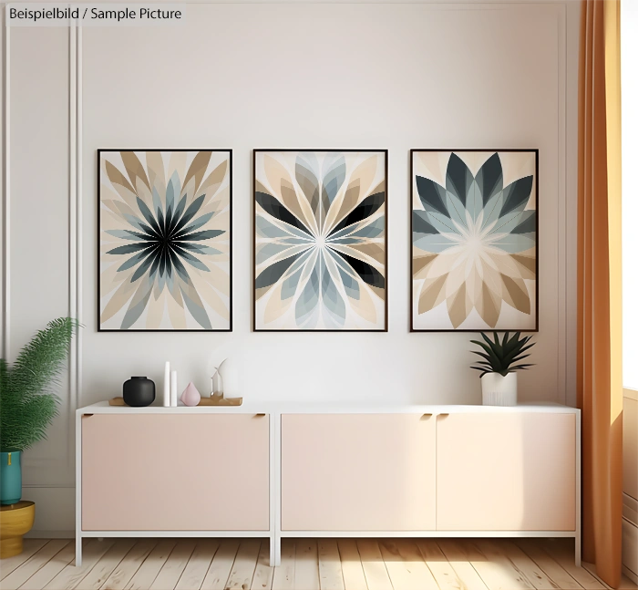 Modern living room with three geometric art prints above a sideboard, potted plant, and decorative items.