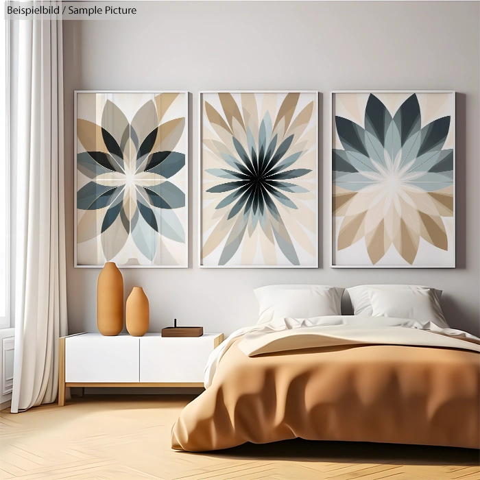 Modern bedroom with abstract floral art, neutral tones, and decorative vases on a white console.