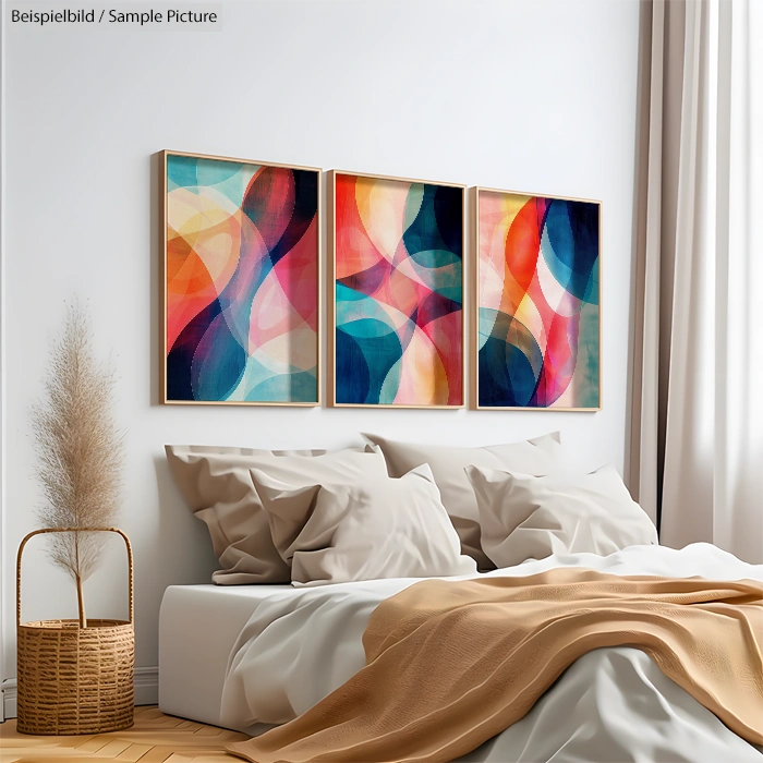 Bedroom with abstract triptych art above bed and cozy beige bedding.