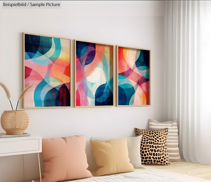 Modern living room with abstract triptych art, colorful pillows, and light curtains, creating a cozy ambiance.