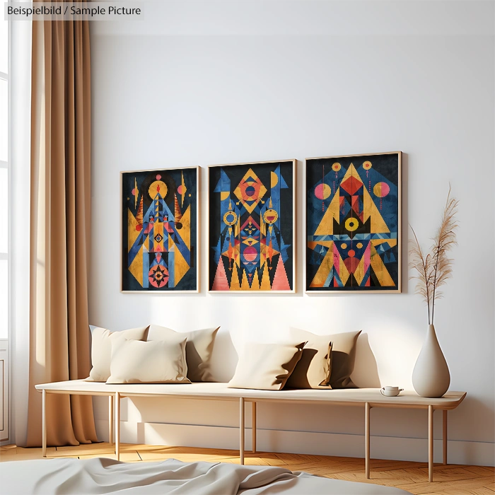 Modern living room with three geometric abstract paintings on the wall, a beige sofa, and light-colored curtains.