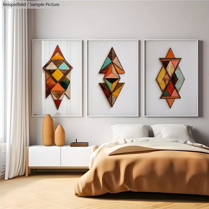 Modern bedroom with geometric art above a white dresser, beige bedding, and decorative vases.