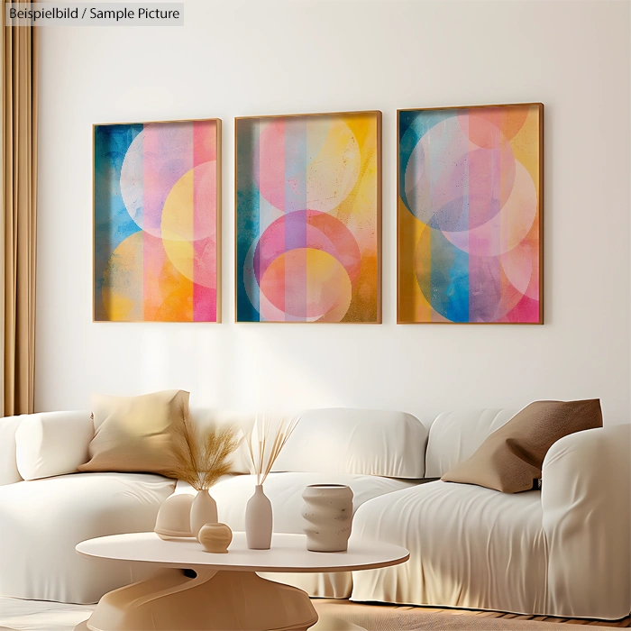 Modern living room with abstract circle art on beige walls, white sofa, round coffee table, and neutral decor.