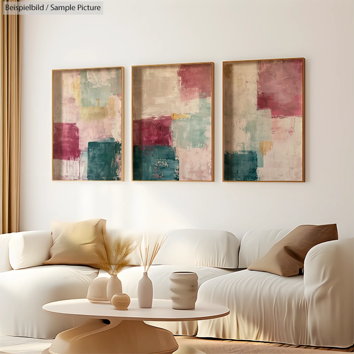 Modern living room with white sofa and triptych abstract paintings in pink, teal, and beige above.