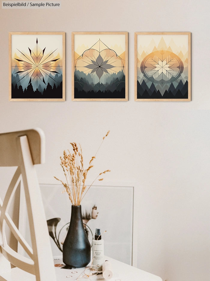 Minimalist room with three geometric art prints on wall, wooden chair, vase with dried flowers on white table.