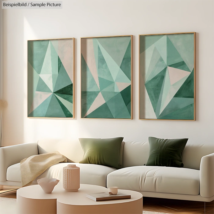 Modern living room with geometric teal artwork, beige sofa, green pillows, and minimalist decor.