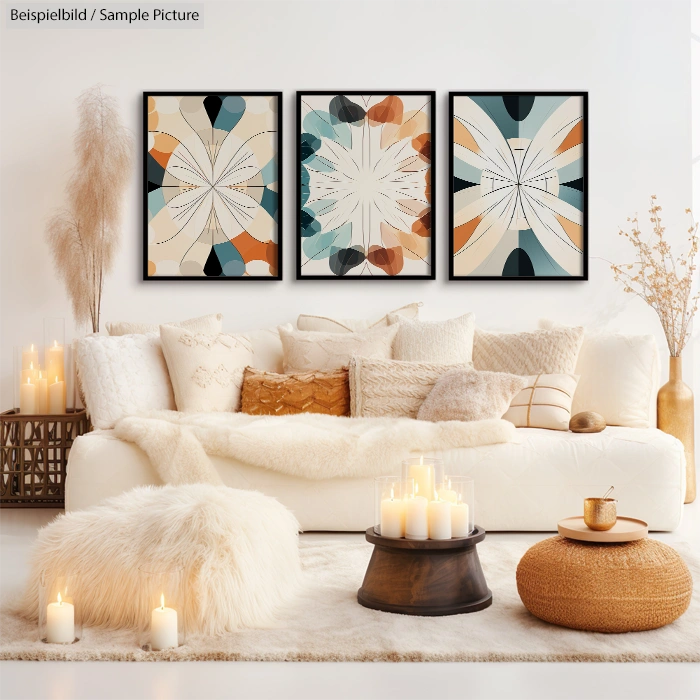 Cozy living room with abstract art on wall, fluffy rug, candles, and cream sofa with patterned pillows.