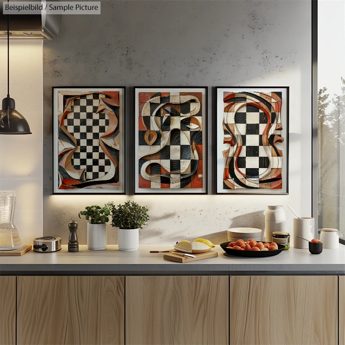 Modern kitchen with wooden cabinets, three abstract checkerboard paintings, and plants on the counter.