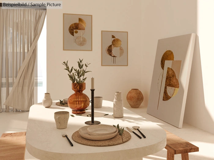 Minimalist dining room with abstract art, earthy tones, pottery, and a wooden bench.