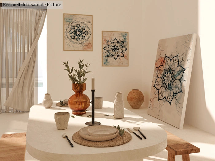 Minimalistic dining room with abstract art, earthy pottery, and a warm amber vase on a stone table.