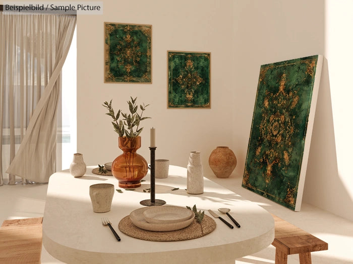 Minimalist dining room with green decorative art, wooden table, earthy pottery, and sunlight through sheer curtains.