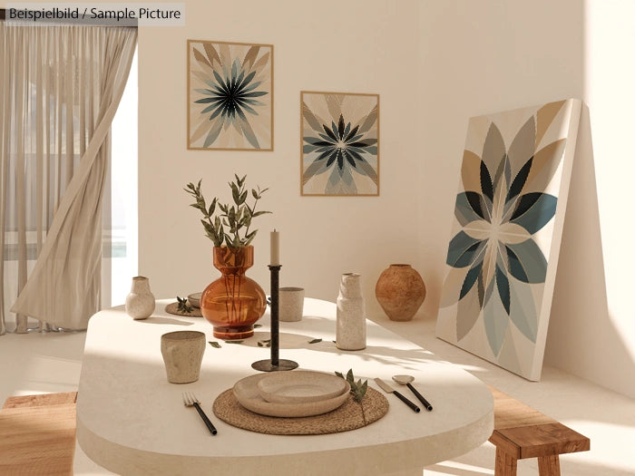 Minimalist dining room with abstract art on walls, wooden table, clay decor, and neutral tones.